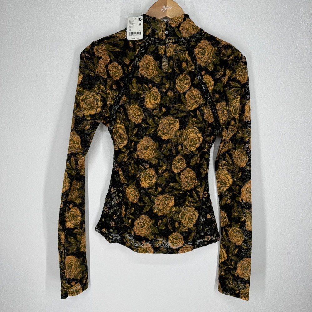 Free People Sheer Lace Top Medium NEW Long Sleeve Dark Romantic Floral Boho Mesh - Picture 8 of 9